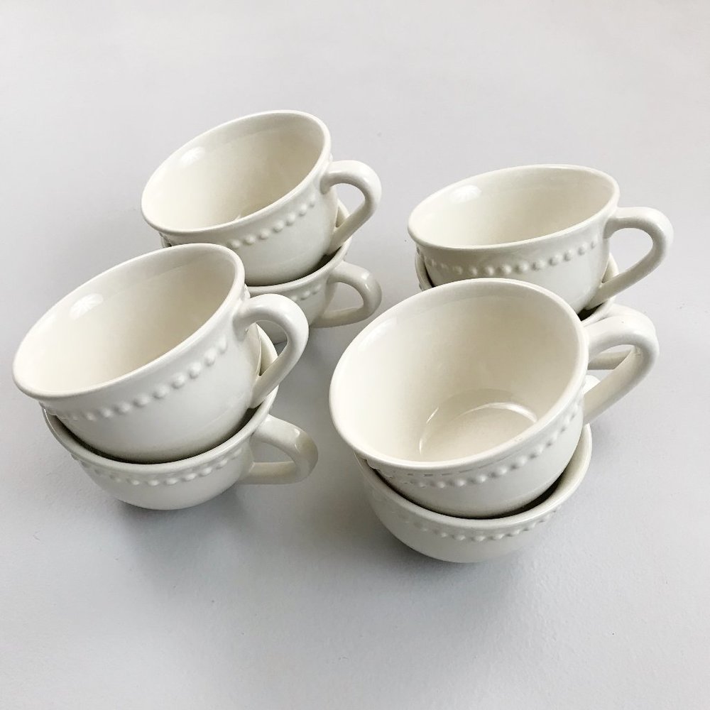 POTTERY BARN Emma Beaded Stoneware Tea Coffee Cups Set of 8 Barbara Eigen White